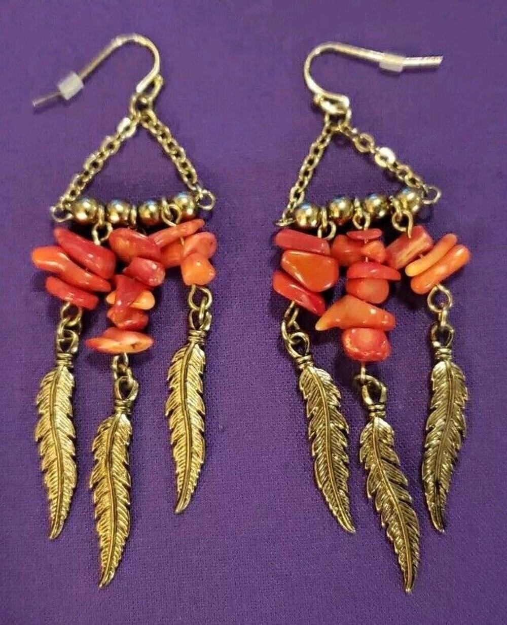 Gypsy Red Dyed Coral Earrings Chandelier Tassel Fringe Dangle Style Brass Tone